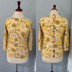 Boden Cottagecore Wool Cotton Top Size 8 Yellow Floral Button Back Whimsical